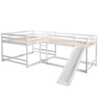 Letto a castello a L per 4 bambini, letto a castello quadruplo con scivolo, struttura in legno full e twin per cameretta dormitorio