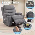 Poltrona Reclinabile Girevole a Dondolo con Massaggio e Riscaldamento, Girevole a 360° con Portabicchieri e Tasche Laterali, Divano Ergonomico per Soggiorno, Camper, Cameretta