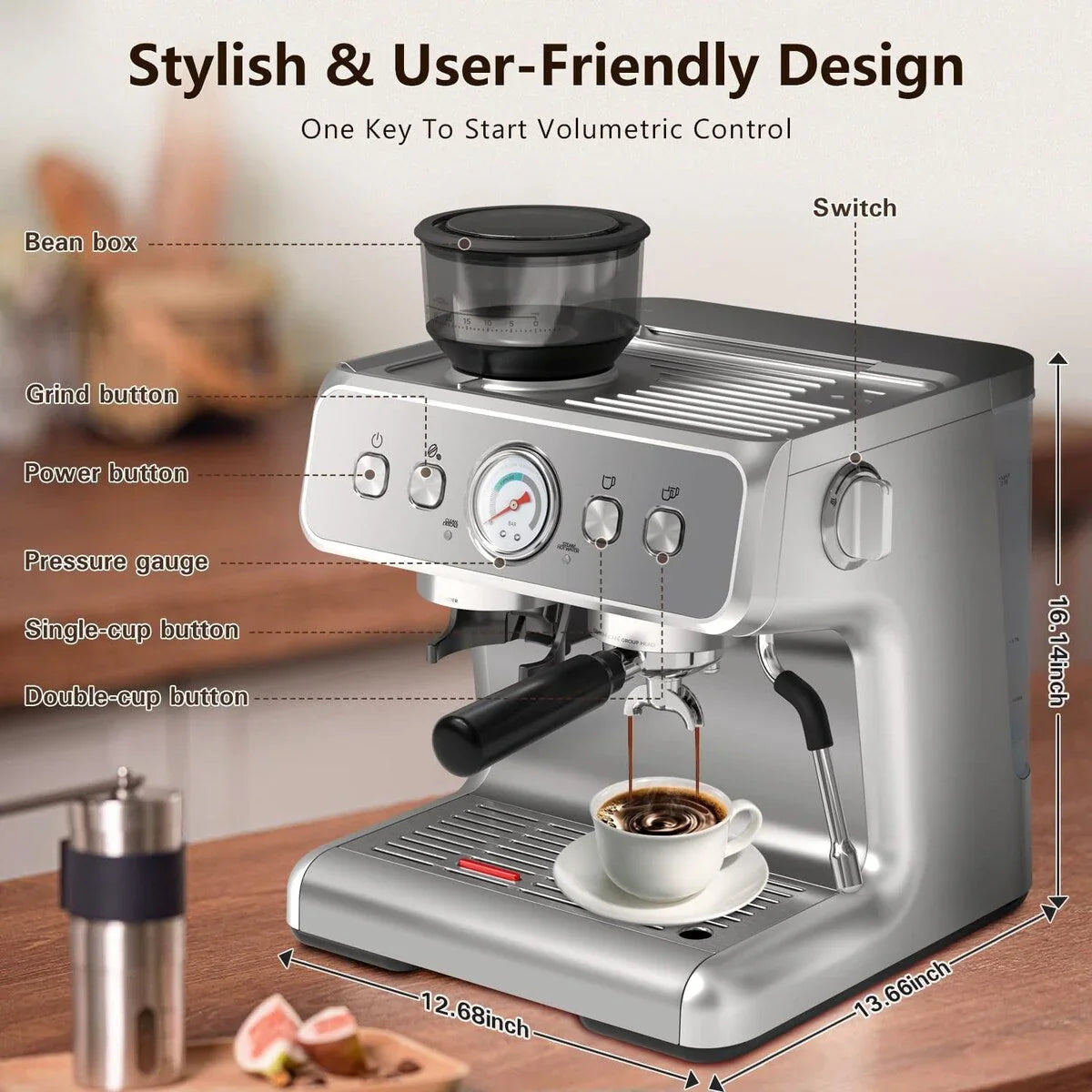Macchina da Caffè Semi-automatica con Controllo Intelligente della Temperatura e Funzione Acqua Calda, 30 Impostazioni di Macinatura