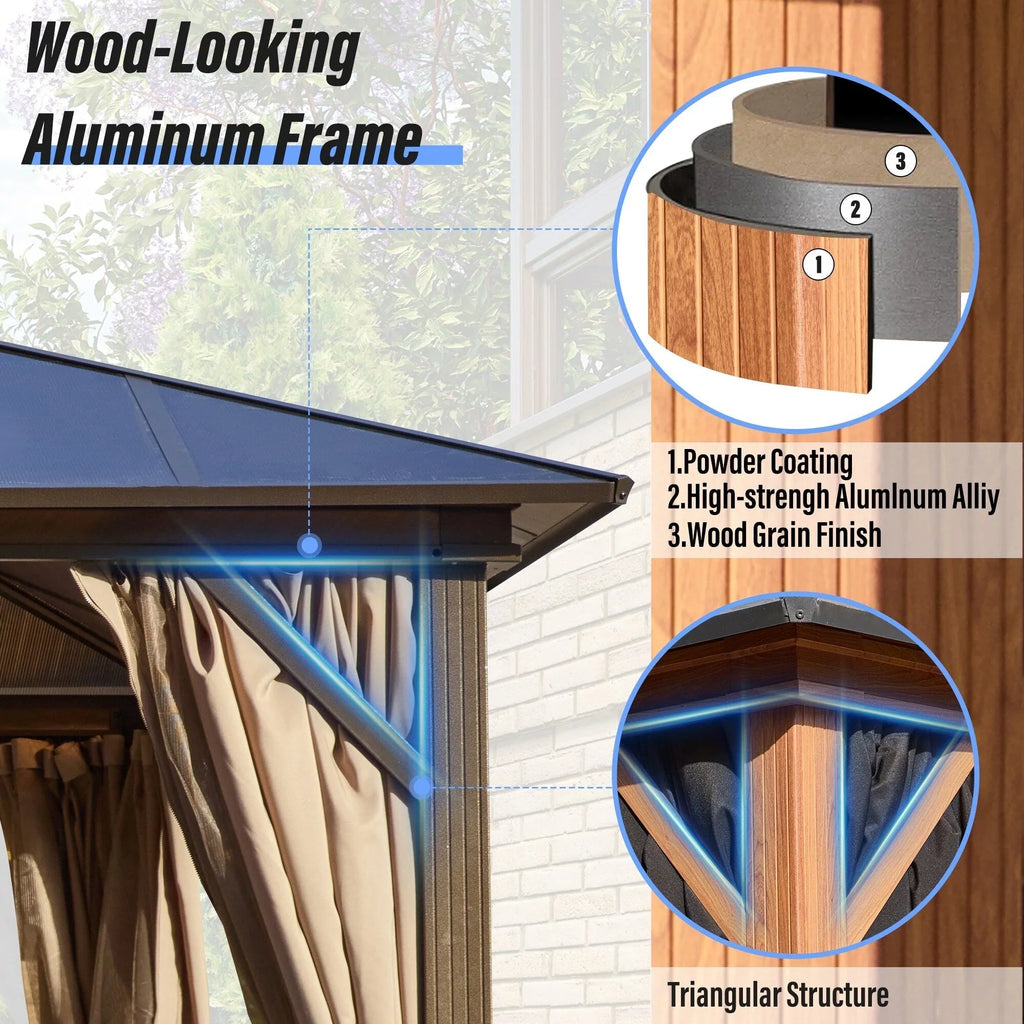 EROMMY Gazebo a tetto rigido, Pergola da esterno con doppio tetto, zanzariere e tende, Tenda da sole resistente per patio, cortile, feste in piscina