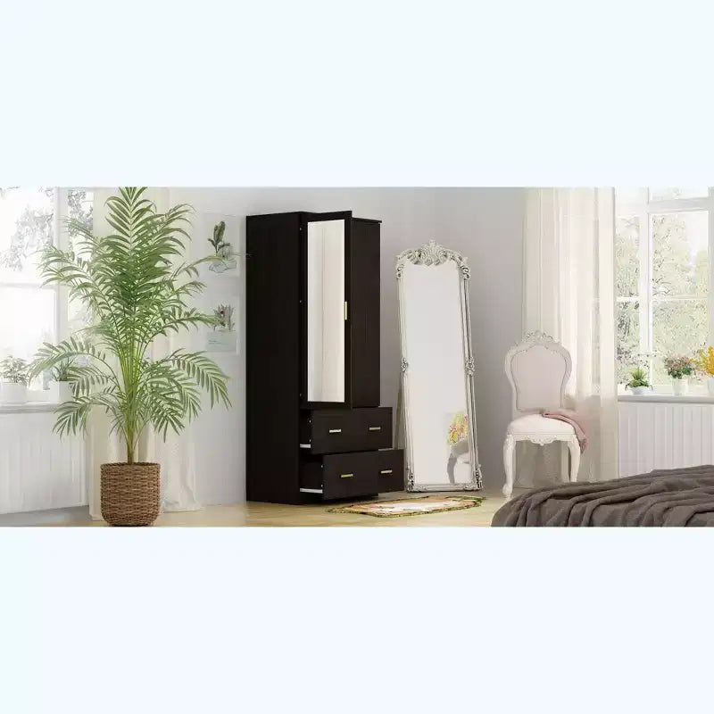 Armadio Hitow con doppio cassetto, anta a specchio e spazio contenitivo a zone