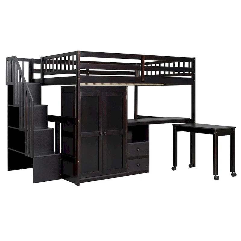 Letto a soppalco full-size con scala, libreria, scrivania e armadio - Mobili multifunzionali salvaspazio per bambini e ragazzi - Bianco