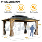 EROMMY Gazebo a tetto rigido, Pergola da esterno con doppio tetto, zanzariere e tende, Tenda da sole resistente per patio, cortile, feste in piscina