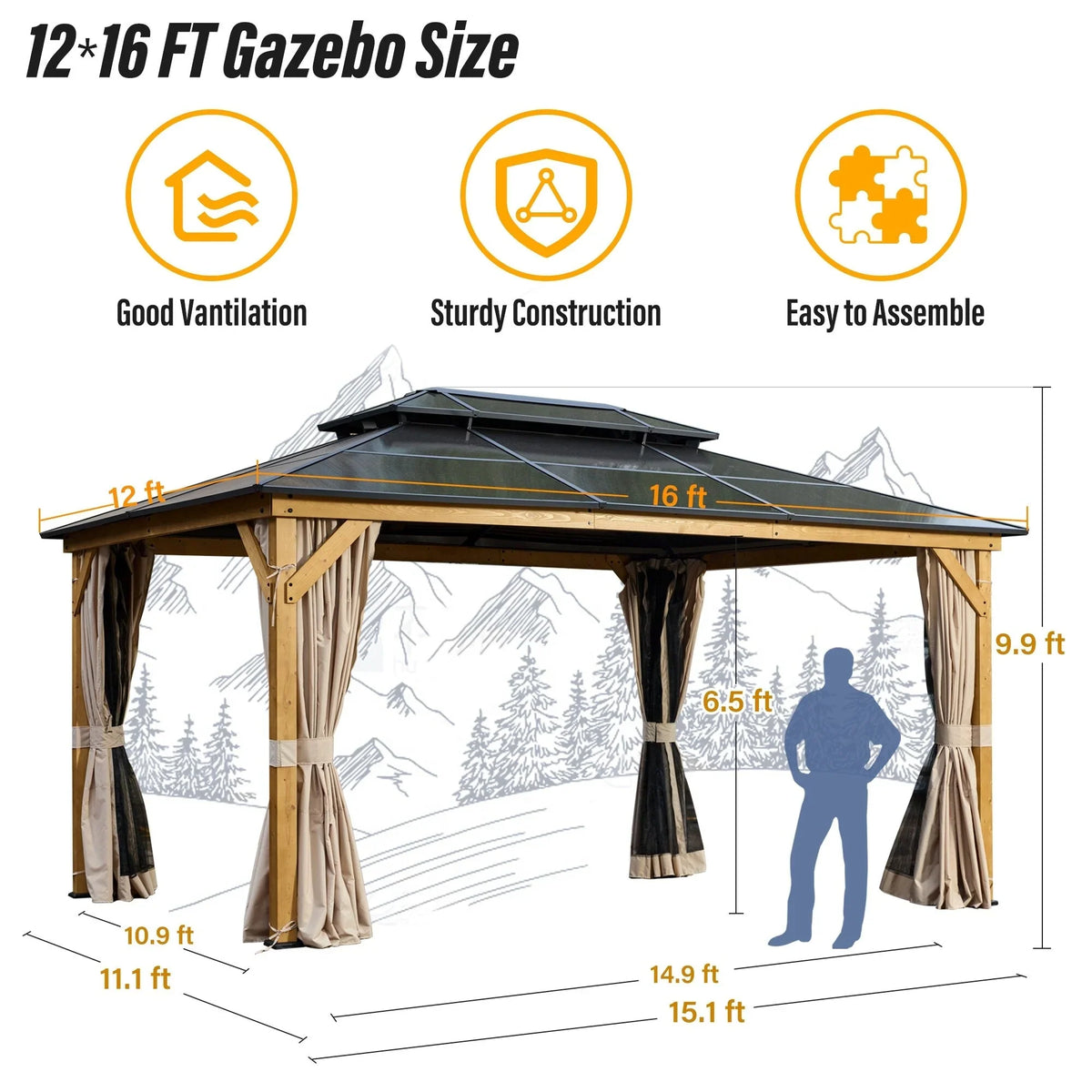 EROMMY Gazebo a tetto rigido, Pergola da esterno con doppio tetto, zanzariere e tende, Tenda da sole resistente per patio, cortile, feste in piscina