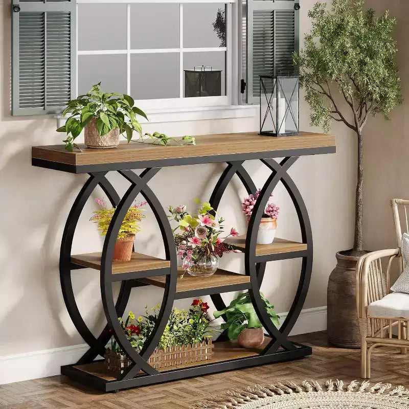 Tavolo Consolle Lantine 39.4, Tavolo da Divano Industriale a 4 Ripiani Tavolo d'Ingresso con Ripiani Portaoggetti e Struttura in Metallo per Piccoli Spazi, Corridoio, Ingresso, Marrone