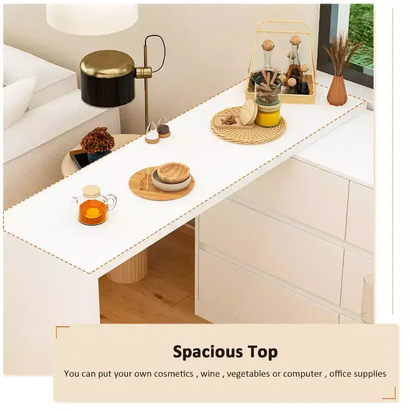Credenza/Mobile Buffet Intelligente Girevole/Allungabile con 6 Cassetti, Piano d'Appoggio Estensibile, Tappetino Antiscivolo, Tavolo da Pranzo Girevole, Dispensa ad Isola per Cucina