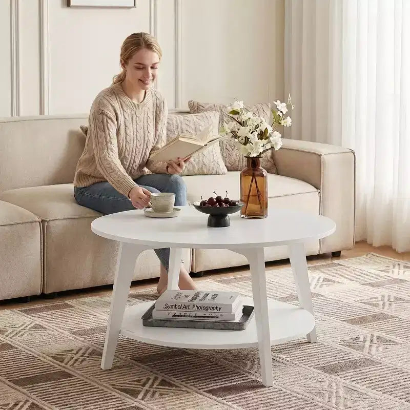 Tavolino rotondo color miele con 2 ripiani, misure 80 x 45 cm, ideale per il soggiorno