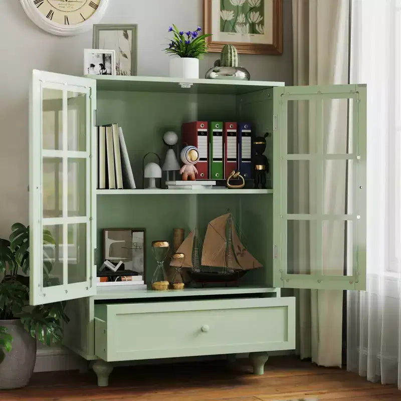 Mobiletti portaoggetti, Armadietto da terra in legno con 1 cassetto e 2 ante in vetro, Credenza a buffet in stile rustico con spazio per il soggiorno