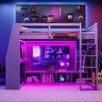 Letto a soppalco da gaming Whisen Wood, formato singolo, con scrivania, mensole multi-storage, LED e un appendiabiti