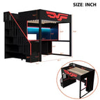 Letto a soppalco da gioco completo con scrivania e luci LED, letto a soppalco alto in legno a una piazza e mezza con scala e scala portaoggetti e USB, rosso+nero