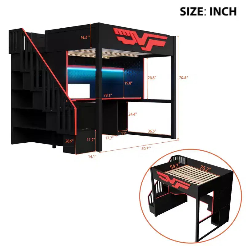 Letto a soppalco da gioco completo con scrivania e luci LED, letto a soppalco alto in legno a una piazza e mezza con scala e scala portaoggetti e USB, rosso+nero