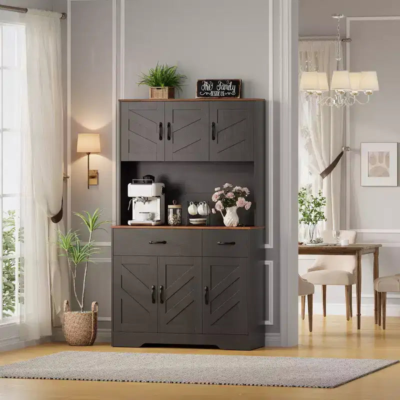 Mobile dispensa da cucina da 71" con stazione di ricarica, ampio piano di lavoro, supporto per microonde e 2 cassetti, mobile contenitore per sala da pranzo e soggiorno