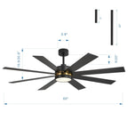 Ventilatore da soffitto nero da 65 pollici a 8 pale con luce LED e telecomando