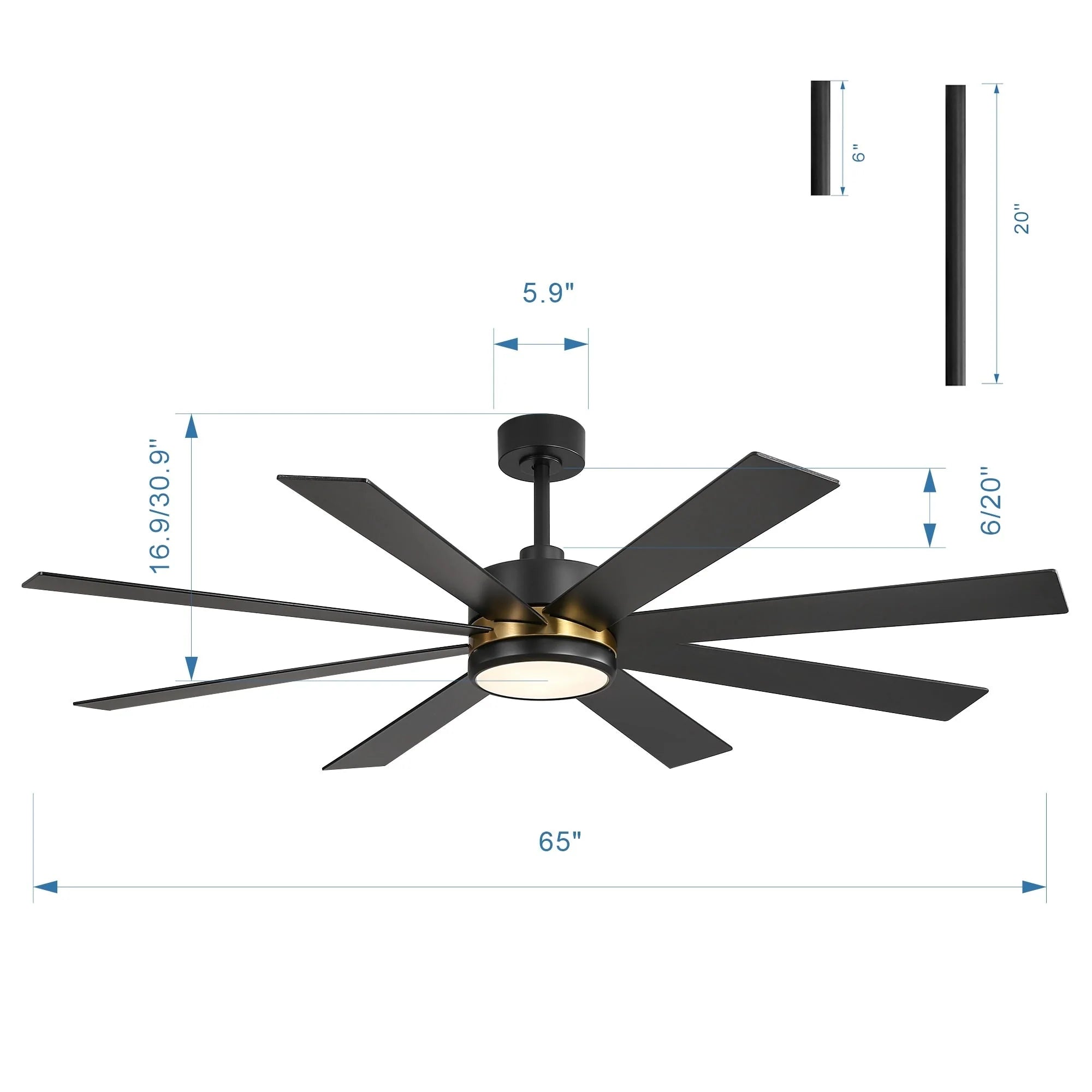 Ventilatore da soffitto nero da 65 pollici a 8 pale con luce LED e telecomando