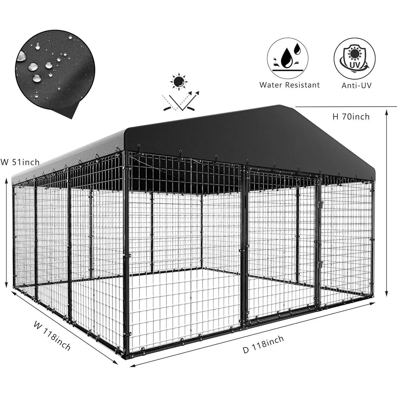 L 118 x P 118 x A 70 Cuccia grande per cani da esterno, Box recintato resistente per cani con tetto impermeabile