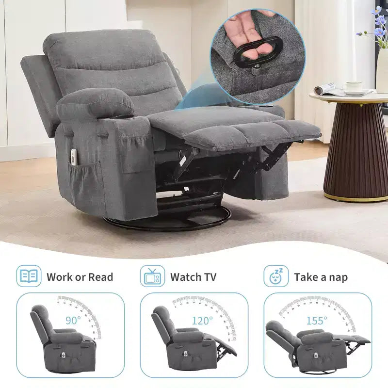 Poltrona Reclinabile Girevole a Dondolo con Massaggio e Riscaldamento, Girevole a 360° con Portabicchieri e Tasche Laterali, Divano Ergonomico per Soggiorno, Camper, Cameretta
