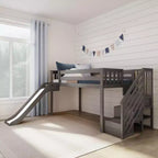Letto a soppalco basso per bambini con scivolo e scale, in legno massiccio, 14 sponde protettive, capacità 180 kg