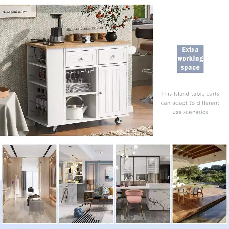Isola da Cucina Mobile con Presa di Corrente, Piano Ribaltabile e Top in Legno di Gomma