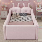 Whisen Twin - Letto a piattaforma, Letto imbottito da pavimento per bambini con cuscino a coniglio, Sponde laterali rimovibili
