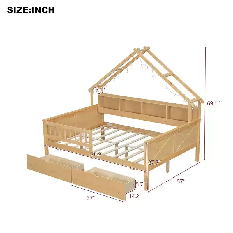 Struttura letto a casetta a grandezza naturale con cassetti, letto a piattaforma a casetta con luci LED, mensole e cassetti portaoggetti, divano letto in legno con tetto e sponda