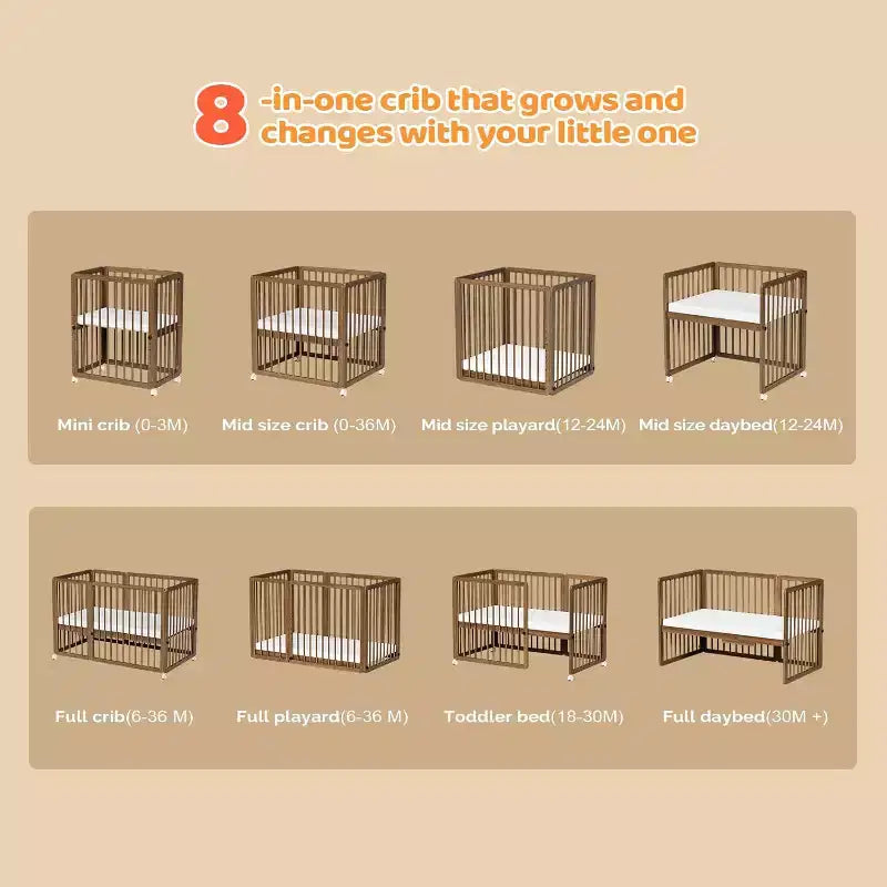 Culla convertibile JOYMOR 8 in 1, include 2 materassi, si trasforma in culla, culla media, culla a grandezza naturale, lettino da giorno, lettino per bambini e box.