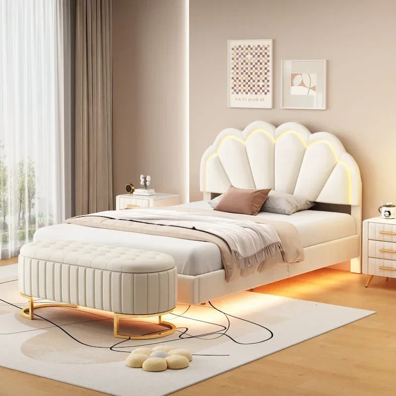 Comodino a 2 Pezzi Letto a Piattaforma Matrimoniale a LED con Pouf Contenitore