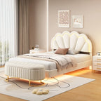 Comodino a 2 Pezzi Letto a Piattaforma Matrimoniale a LED con Pouf Contenitore