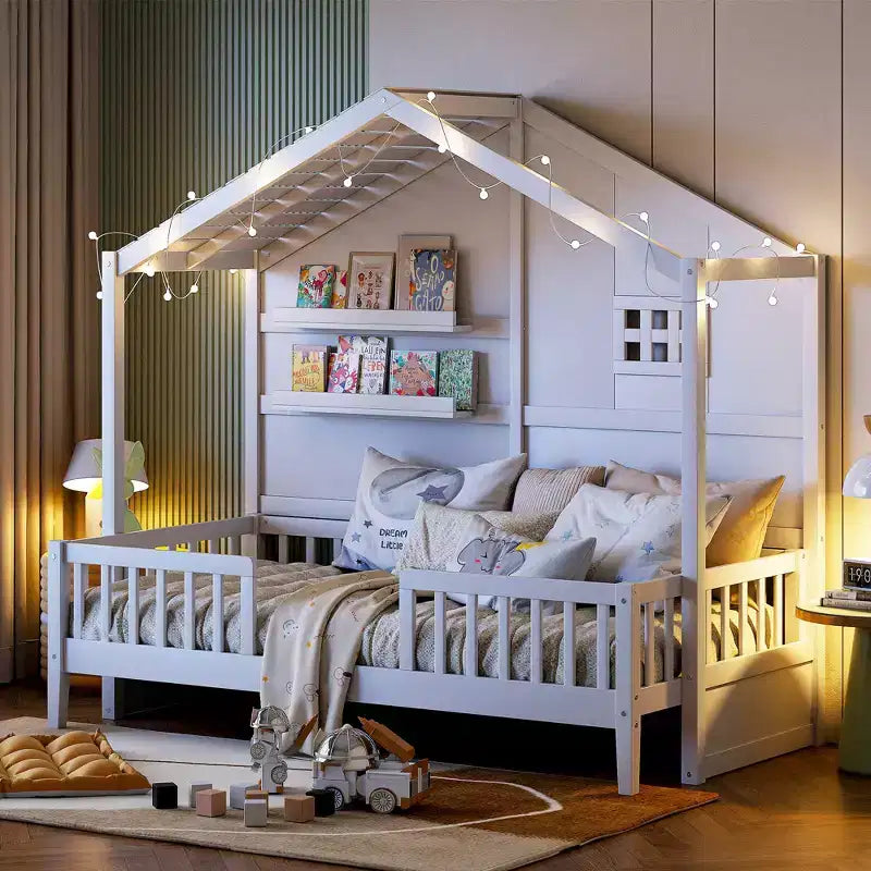 Letto a capanna per bambini con scaffali e sponde, Struttura letto in legno stile Montessori per bambini con finestra e striscia luminosa scintillante