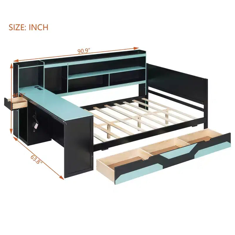 Daybed da gioco completo/queen size con testiera libreria, luci LED, scrivania integrata, cassetti e stazione di ricarica