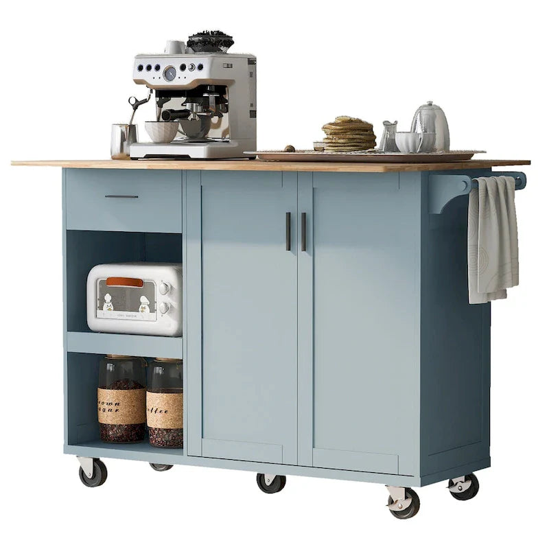 Isola da cucina con piano pieghevole, carrello da cucina con ripiano estraibile, portasciugamani e cassetto, ruote girevoli