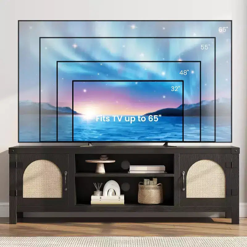 Mobile porta TV da 65 pollici in stile bohémien con anta in vimini - Mobile da salotto in legno con due armadietti e ripiani regolabili, adatto per soggiorni