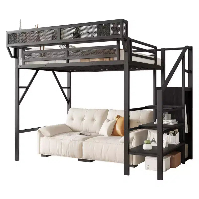 Okak 94IN Letto a soppalco singolo con armadio, letto singolo con ripiani portaoggetti e cestino, telaio letto per camera da letto, dormitorio
