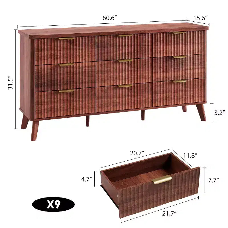 Cassettiera scanalata a 9 cassetti, Comò moderno, Mobile TV in legno, Design a profilo curvo, per soggiorno, corridoio