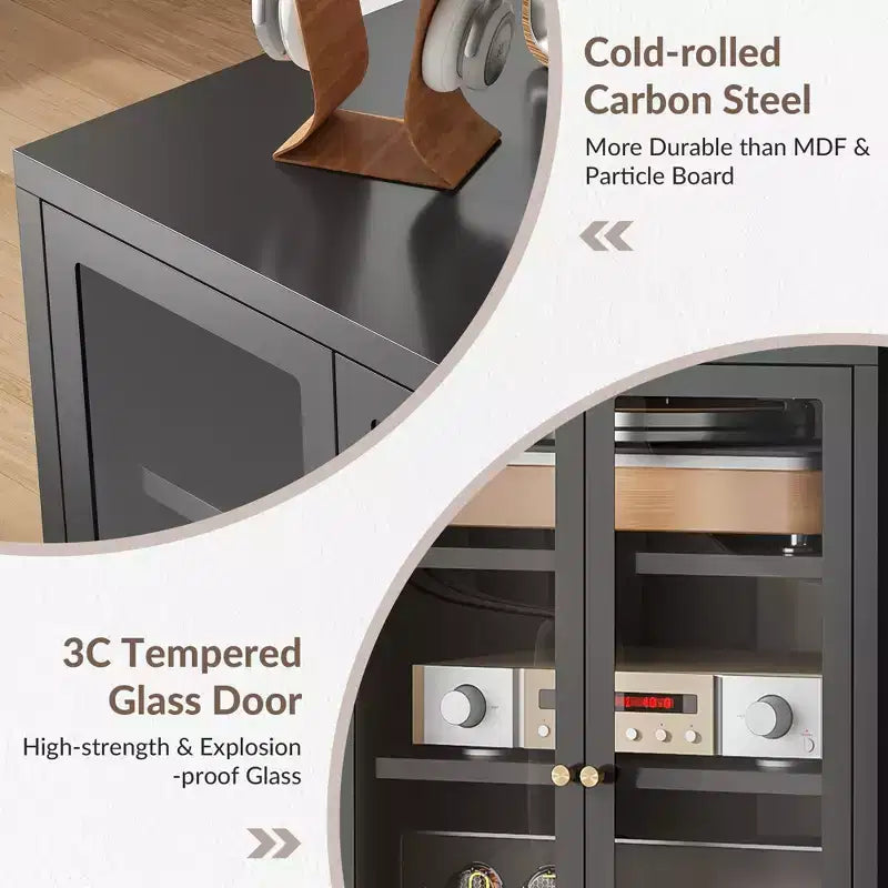 Bekrvio Mobiletto in Metallo, Mobile Stereo a 4 Livelli con Ante in Vetro e Ripiani Regolabili, Rack Audio AV con Gestione Cavi