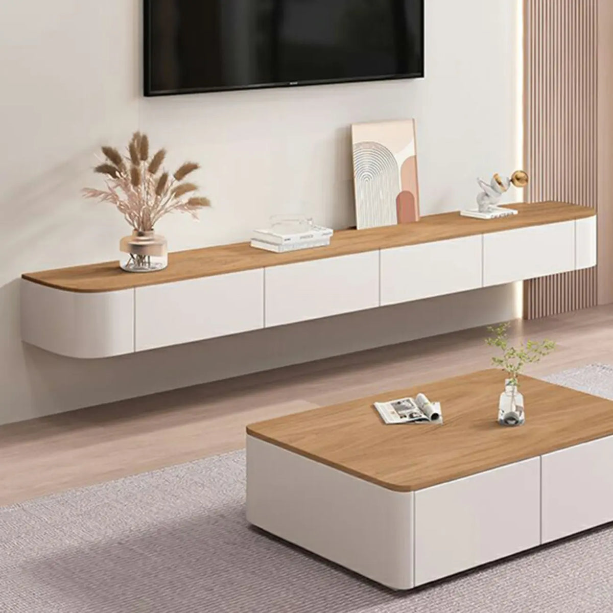Mobile TV galleggiante contemporaneo in legno bianco con cassetti