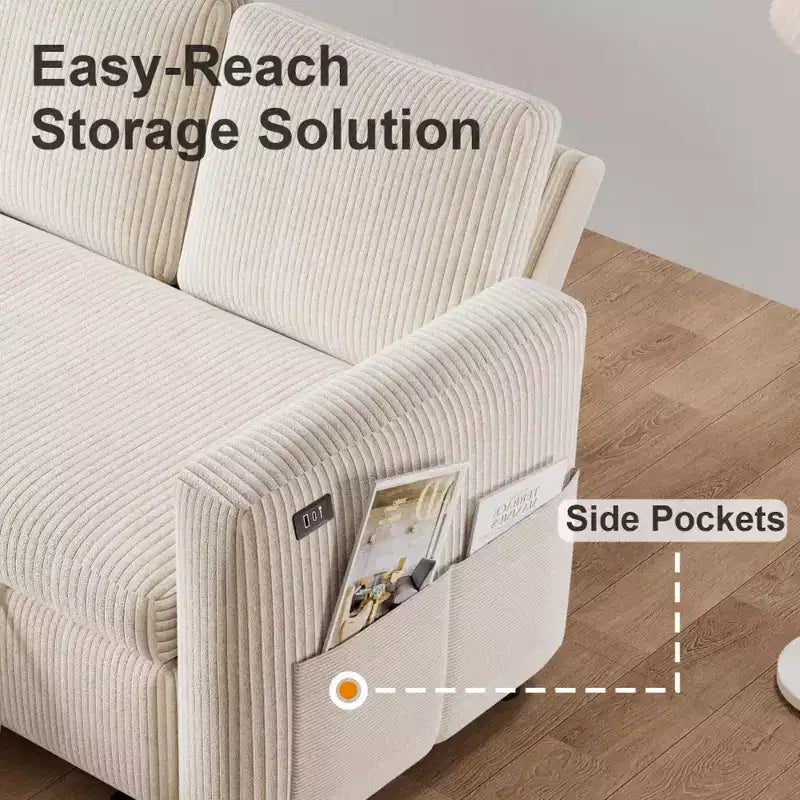 Divano Letto Estraibile 2 in 1 Dyonery con Chaise Longue Contenitore e USB, Divano Angolare in Velluto a Coste per Soggiorno