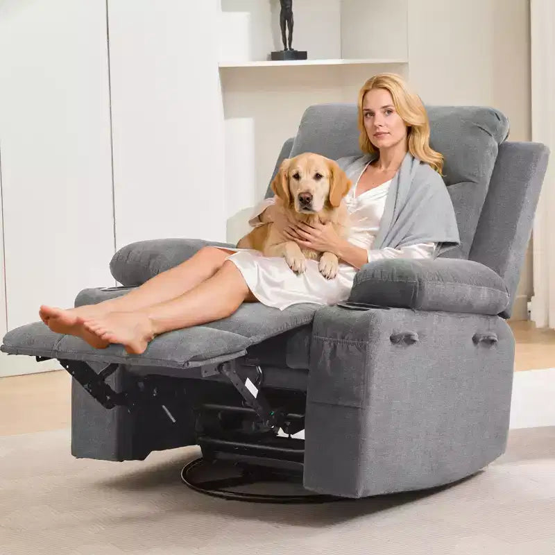 Poltrona Reclinabile Girevole a Dondolo con Massaggio e Riscaldamento, Girevole a 360° con Portabicchieri e Tasche Laterali, Divano Ergonomico per Soggiorno, Camper, Cameretta