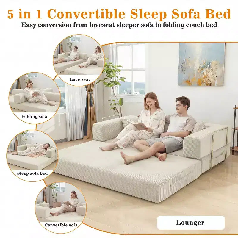 Dyonery 78Divano Letto Pieghevole Convertibile in Corduroy King Size Divano Letto a Pavimento Combinazione 4-in-1 Divano Modulare Componibile Divano Comodo Pieghevole.