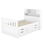 Letto a piattaforma Twin/Full Size Captain con 4 cassetti e mensole portaoggetti, struttura letto in legno massello con testiera libreria contenitore