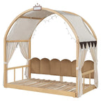 Letto a piattaforma in legno massiccio a forma di casetta, letto Montessori a terra con tetto ad arco e letto estraibile per bambine e bambini