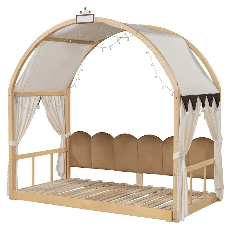 Letto a piattaforma in legno massiccio a forma di casetta, letto Montessori a terra con tetto ad arco e letto estraibile per bambine e bambini