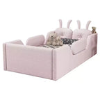 Whisen Twin - Letto a piattaforma, Letto imbottito da pavimento per bambini con cuscino a coniglio, Sponde laterali rimovibili