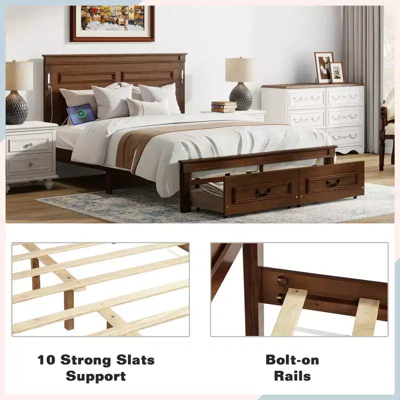 ModernLuxe Letto a Piattaforma Queen/King Size con Testiera Alta, Struttura Letto Rustica in Legno con 2 Cassetti, Luci LED e Porte USB