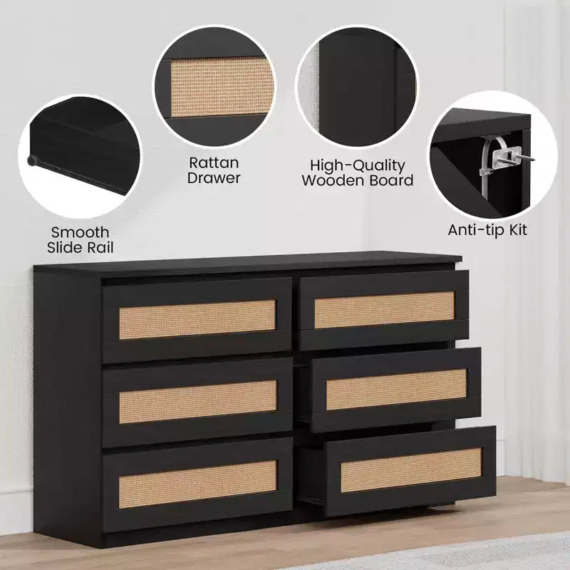 Cassettiera in Rattan per Camera da Letto con 6 Cassetti, Comò Largo Moderno in Stile Fattoria da 120 cm, Mobile Contenitore in Legno per Armadio, Soggiorno, Corridoio