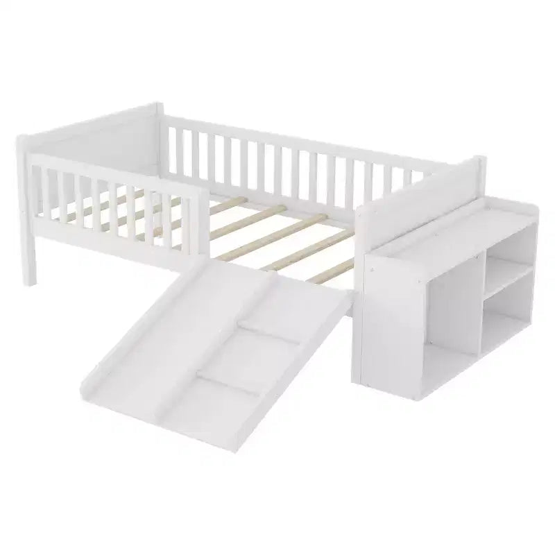 Whisen Letto a soppalco basso per bambini, una piazza e mezza, con scivolo, libreria mobile e sponde di sicurezza
