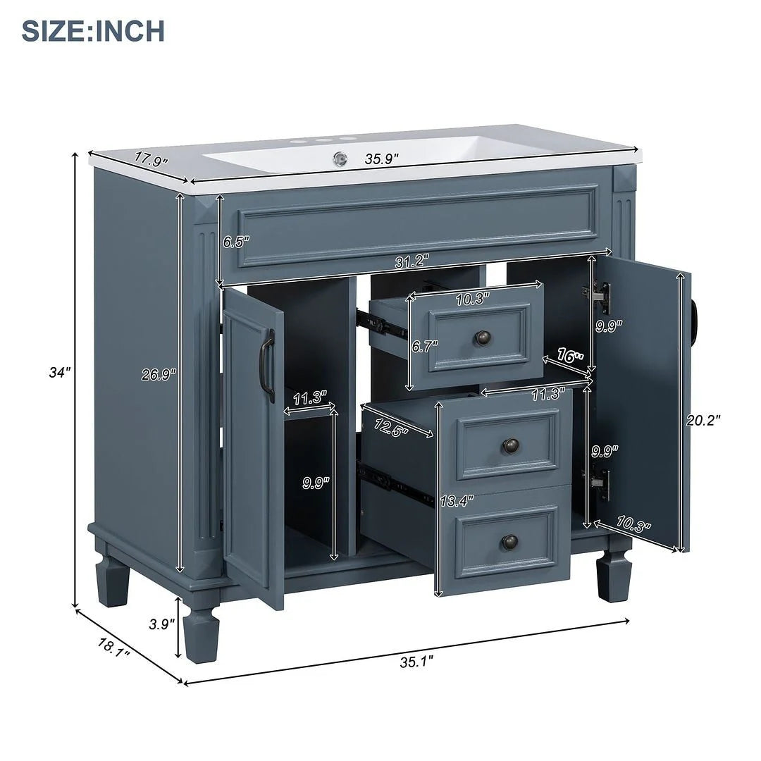 Mobile Bagno Moderno da 90cm con Lavabo Integrato e Specchiera, 2 Ante e 2 Cassetti