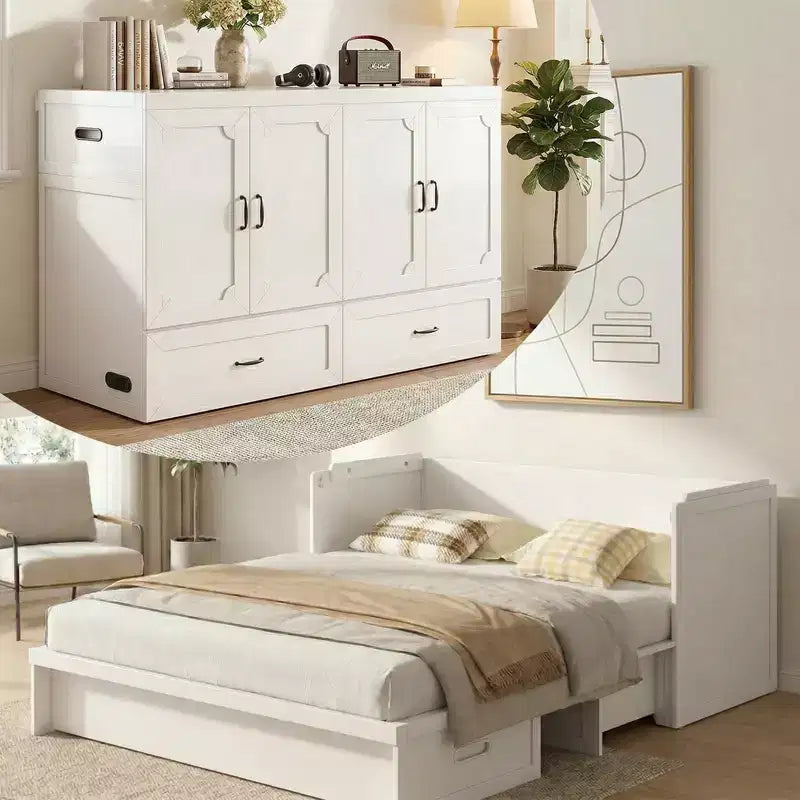 Letto a scomparsa matrimoniale Mjkone con materasso, ricarica USB, cassetti portaoggetti