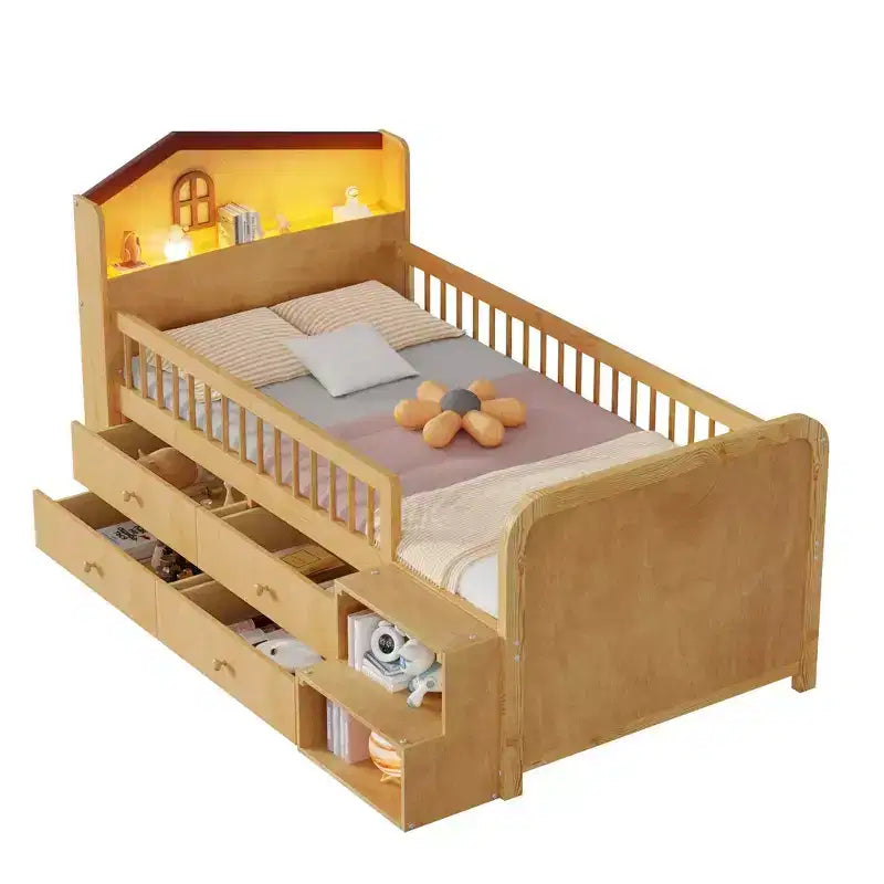 Letto a soppalco basso Whisen con luci a LED, testiera a forma di casetta e cassetti portaoggetti, struttura solida