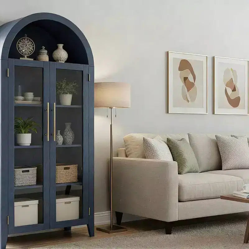 Mobile Contenitore Alto Ad Arco con Ante in Vetro, Libreria Espositiva a 5 Ripiani con Mensole Regolabili per Cucina o Soggiorno
