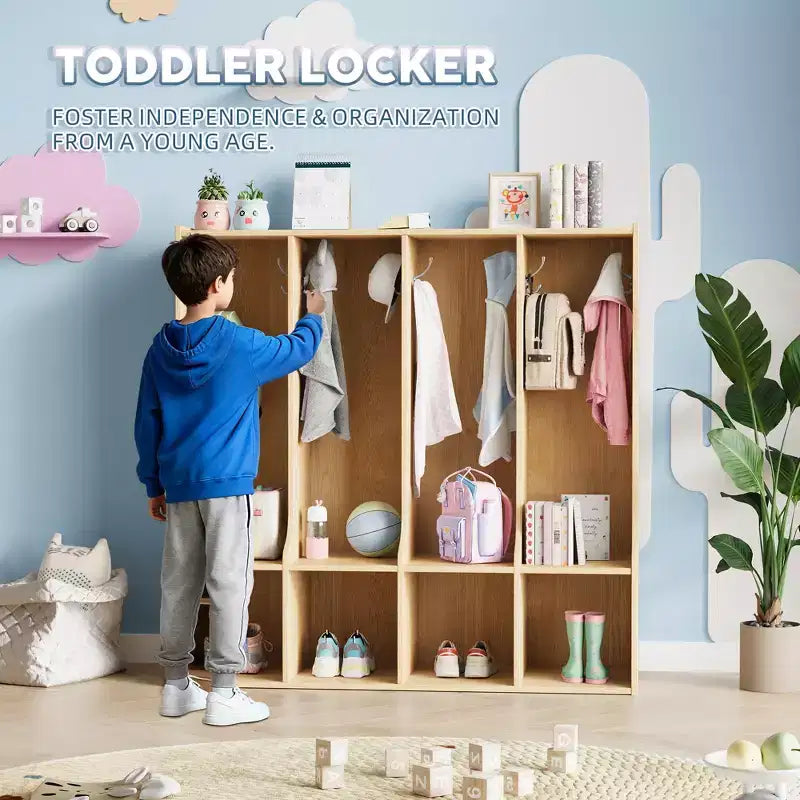 Mobiletto/armadietto a 4 scomparti marrone/bianco con 8 ganci, per bambini